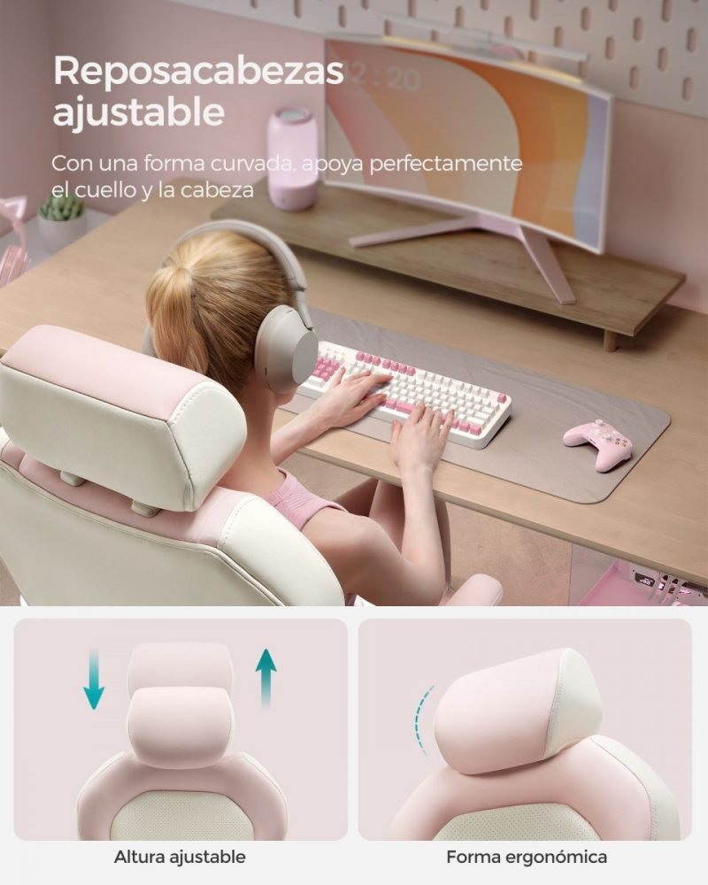 Silla gaming ajustable, respaldo reclinable, rosa jalea y beige - Imagen 4