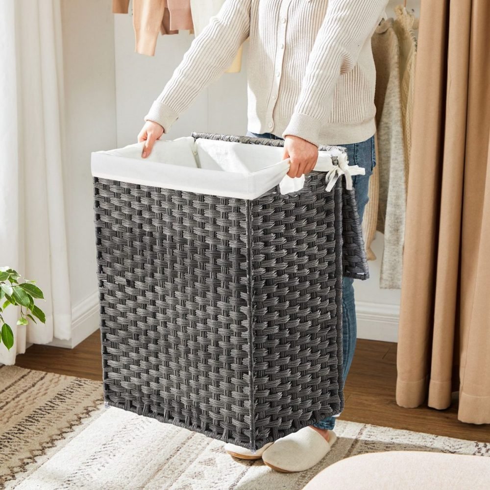 Cesto de ropa sucia tejido a mano 90l, ratán sintético, gris - Imagen 4