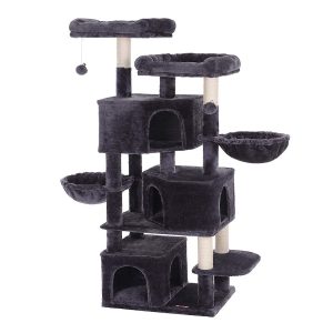 Casa para gatos de 164 cm, 3 cuevas, 2 hamacas, árbol rascador, gris antracita