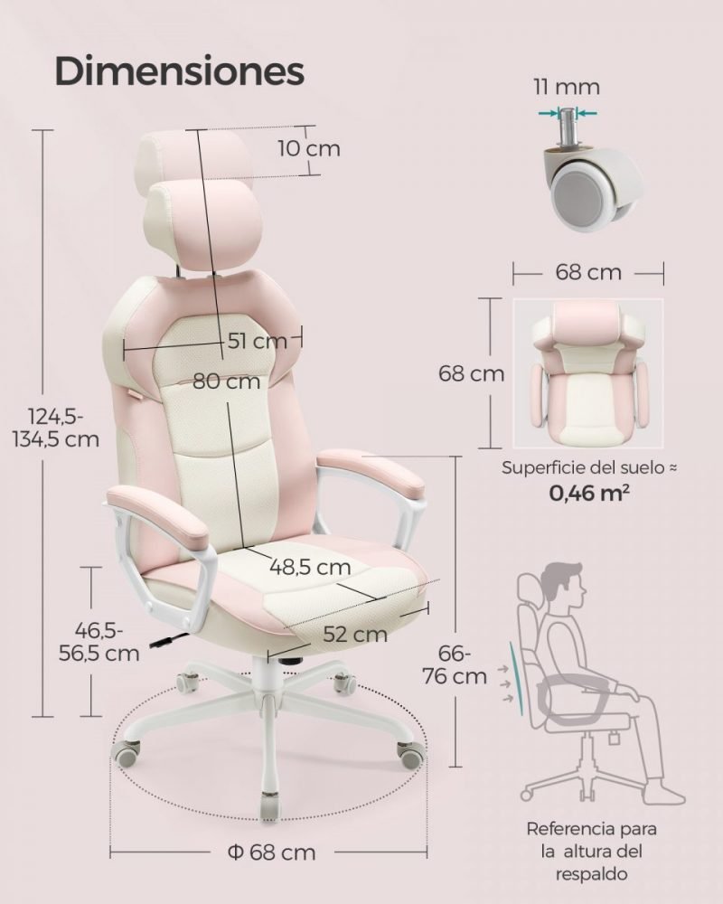 Silla gaming ajustable, respaldo reclinable, rosa jalea y beige - Imagen 7