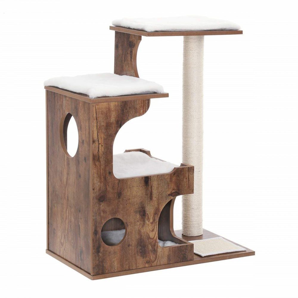 Árbol para gatos vintage con 3 camas y cueva, marrón y blanco - Imagen 3