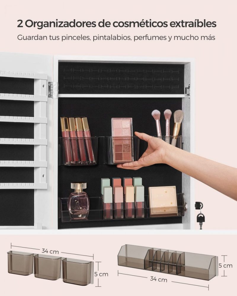 Espejo joyero pared sin marco, cerradura, blanco - Imagen 7