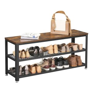 Banco zapatero con 2 estantes, estilo industrial, marrón rústico