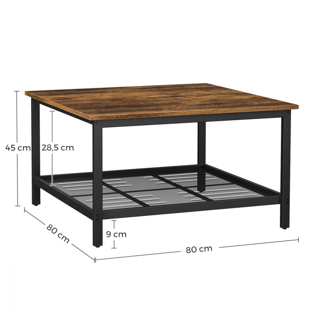 Mesa de centro industrial cuadrada con estante de malla, 80x80 cm - Imagen 2