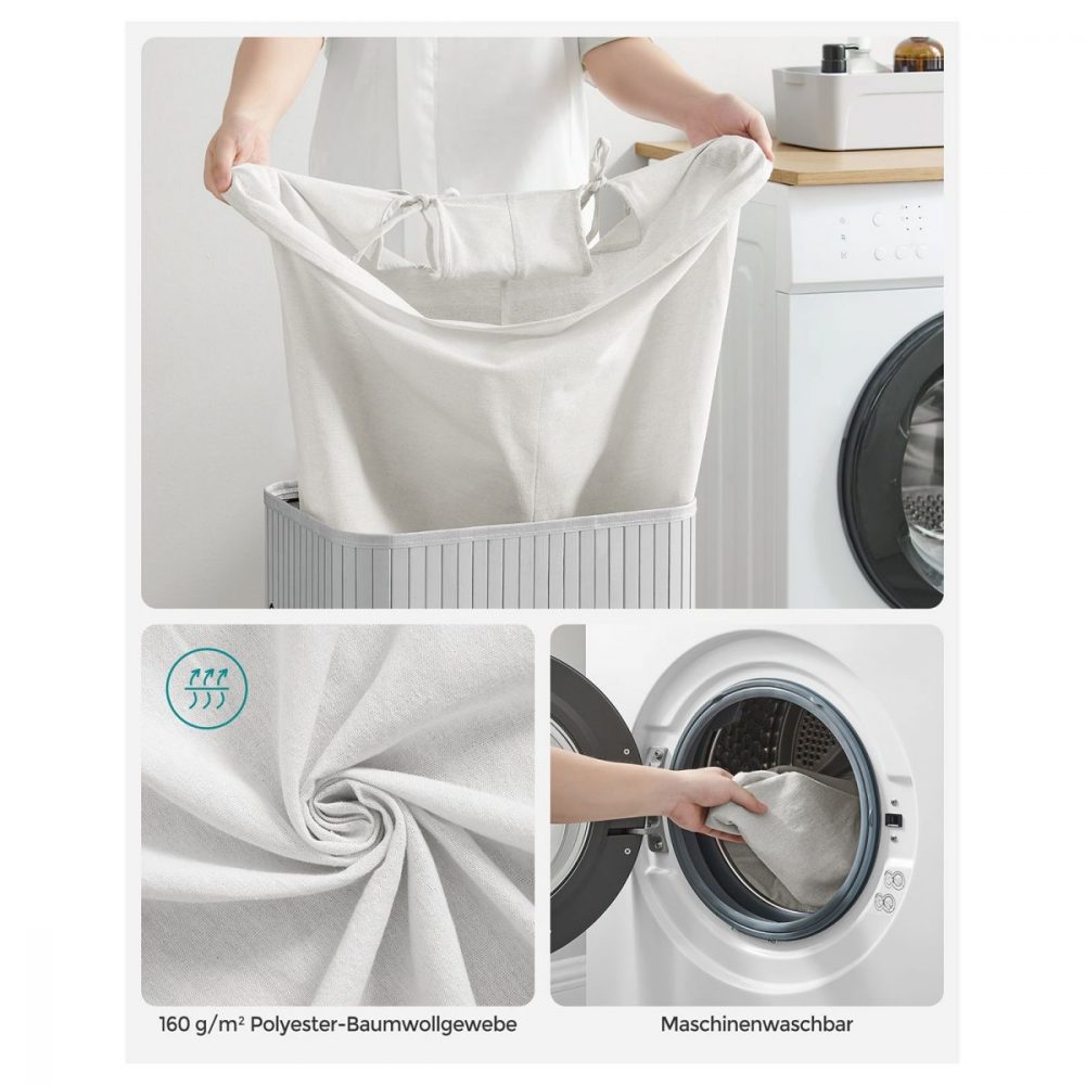 Cesto de ropa sucia de bambú con 3 asas, color gris - Imagen 8