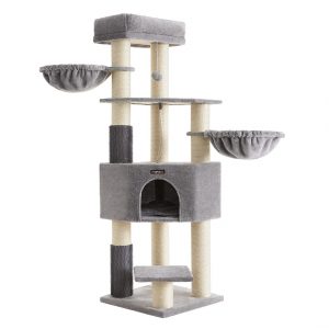 Árbol para gatos grande con almohadillas autocalentables, gris y blanco