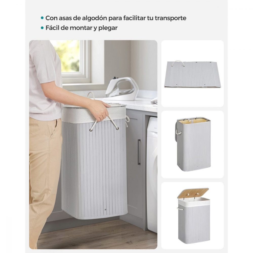Cesto de ropa sucia de bambú con 3 asas, color gris - Imagen 4