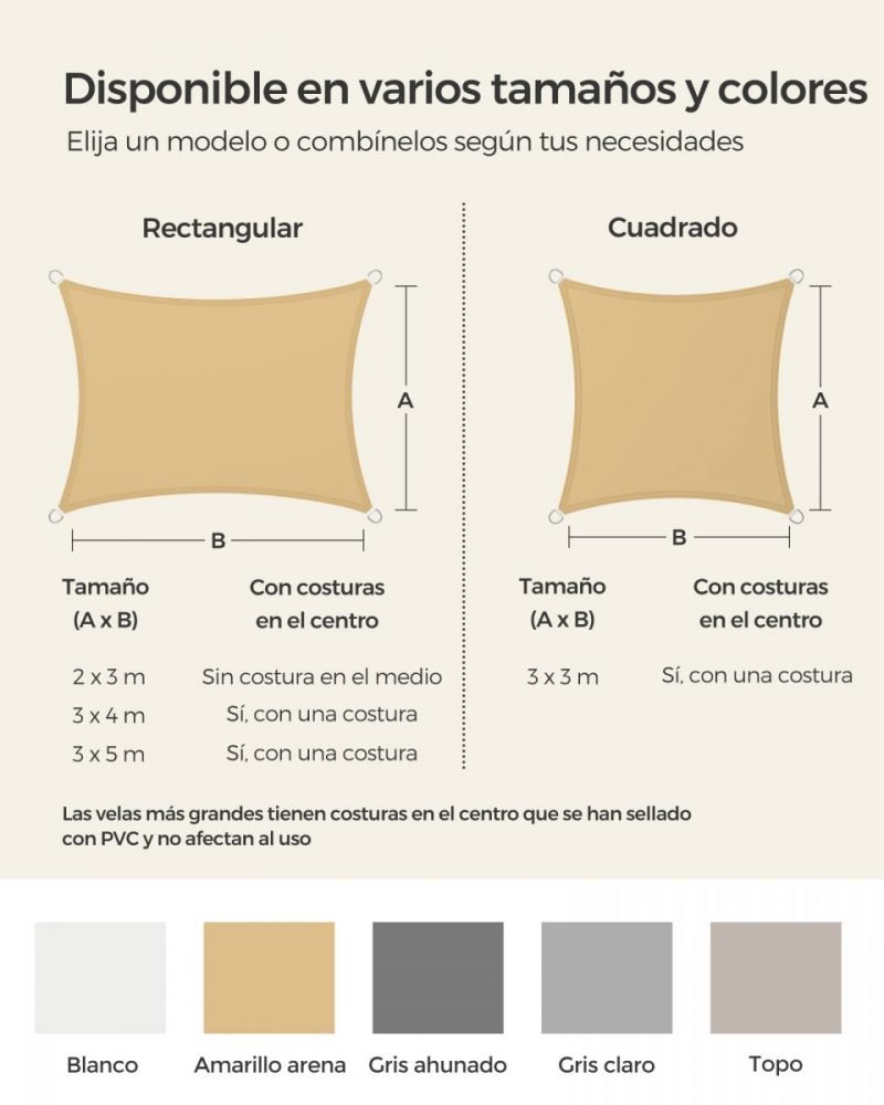 Vela sombra cuadrada 3x3m impermeable, terraza, jardín, amarillo arena - Imagen 7