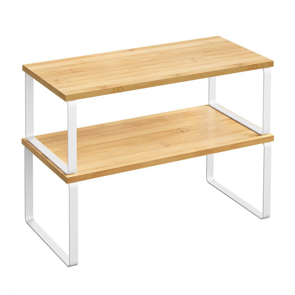 Estantes armarios cocina, metal y bambú, portaespecias apilable, blanco + natural