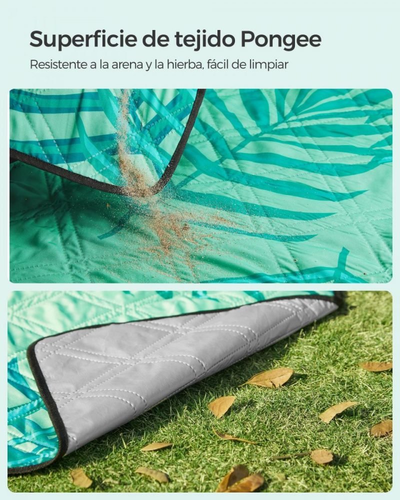 Manta picnic impermeable 200x200 cm, lavable, diseño helechos y verde - Imagen 6