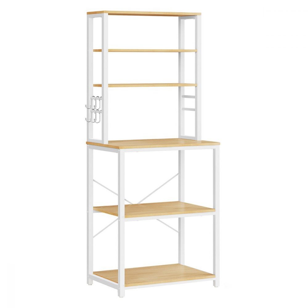 Estantería de cocina alta con espacio para microondas, roble y blanco