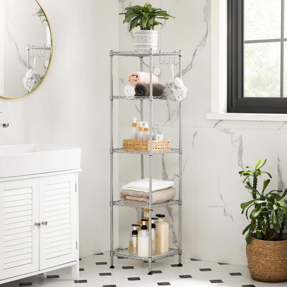 Estantería baño metal expandible, 5 estantes, ganchos, plata - Imagen 4