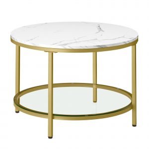 Mesa centro redonda imitación mármol, estante vidrio, 65x46 cm, blanco mármol y dorado claro
