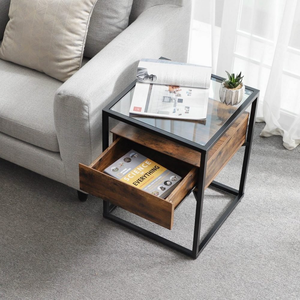 Mesa auxiliar con cristal templado, cajón y repisa, rústica - Imagen 5