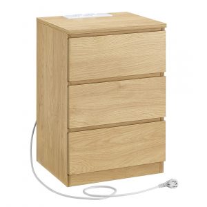 Mesita de noche moderna con estación de carga, 3 cajones, amarillo paja