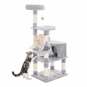 Árbol rascador para gatos gris claro, caseta y postes de sisal