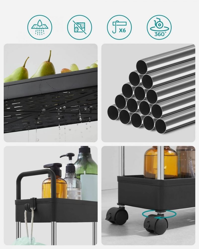Carrito almacenamiento 4 niveles, cocina, baño, negro - Imagen 6