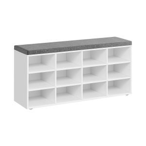 Banco zapatero asiento 12 compartimientos, cojín ajustable, blanco