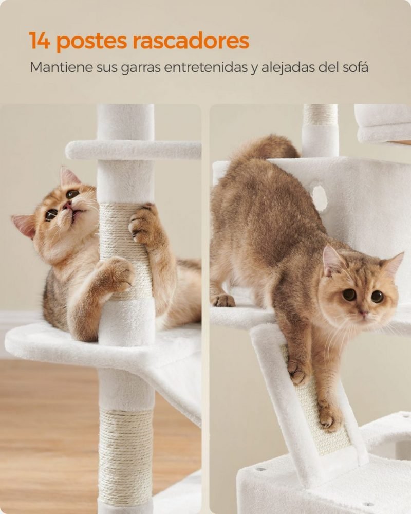 Rascador gatos multinivel 168 cm, torre, plataformas, blanco - Imagen 4