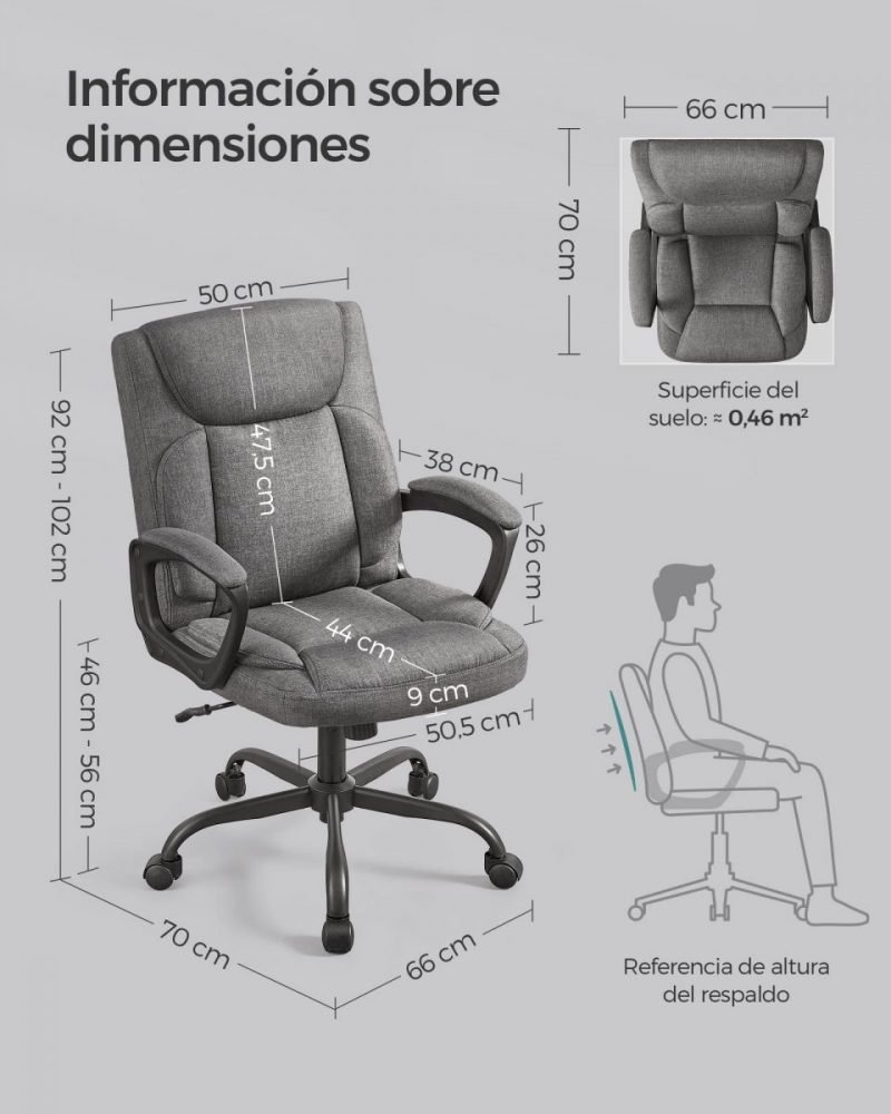 Silla de escritorio ergonómica y giratoria, tapizado gris - Imagen 2
