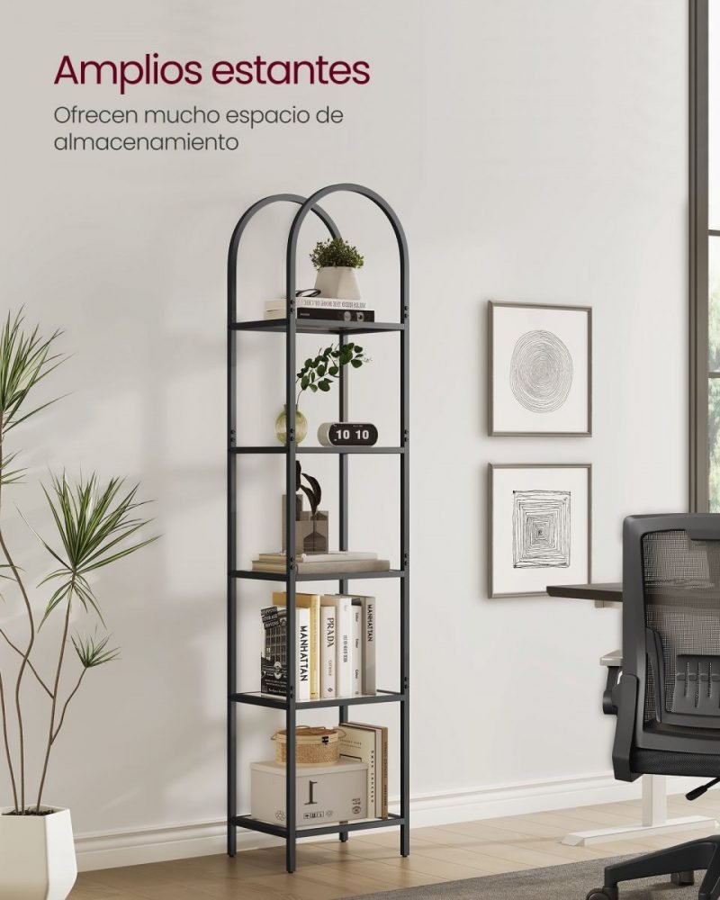 Estantería 5 niveles vidrio templado, diseño arqueado, negro - Imagen 4
