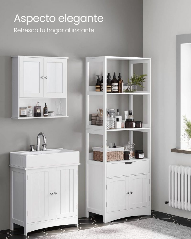 Armario de baño alto blanco con 3 estantes, 1 cajón y 1 armario - Imagen 6