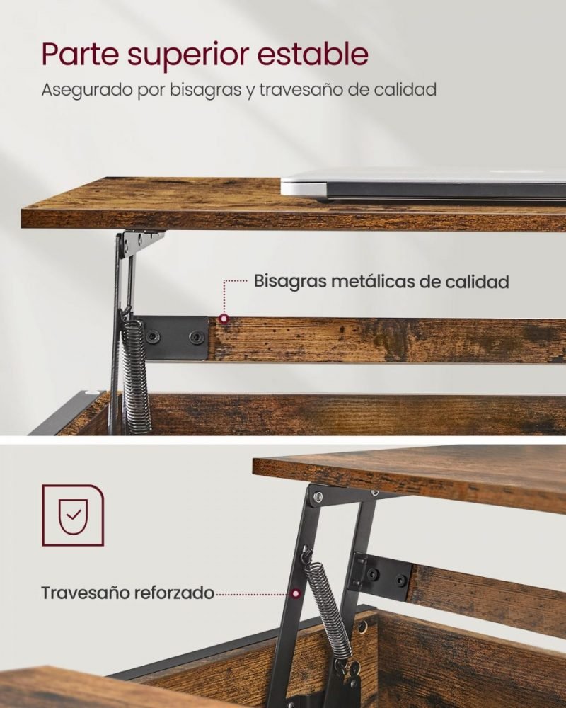Mesa centro con tablero elevable, almacenamiento, marrón rústico - Imagen 7