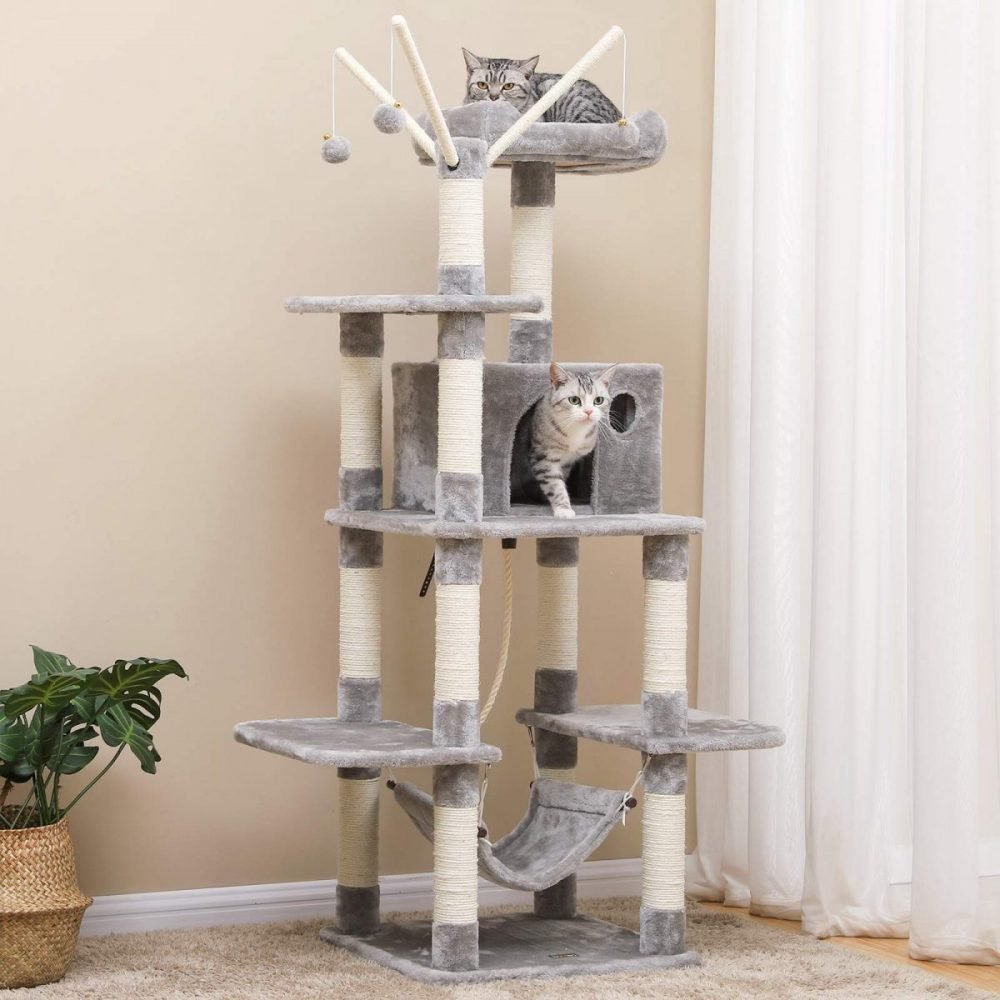 Árbol para gatos rascador, nidos, hamaca, plataformas, 154 cm, gris claro - Imagen 4