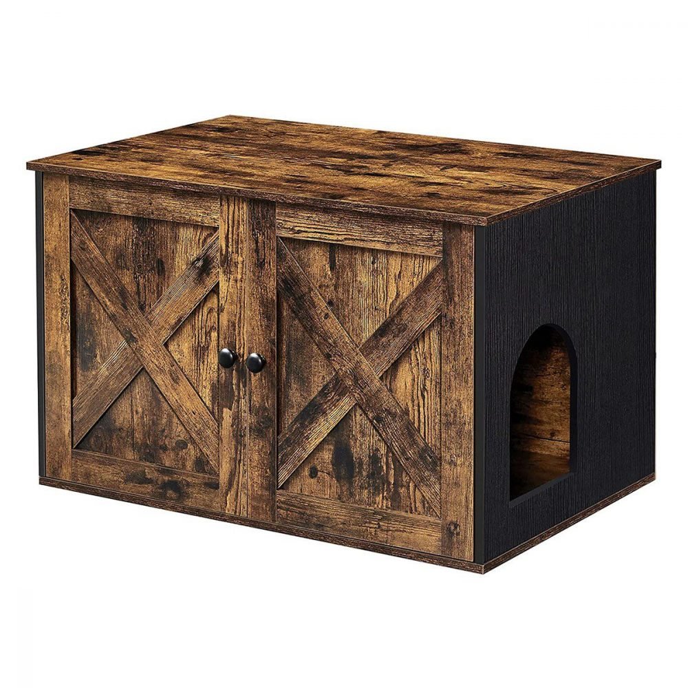 Mueble arenero para gatos con 2 puertas, marrón y negro