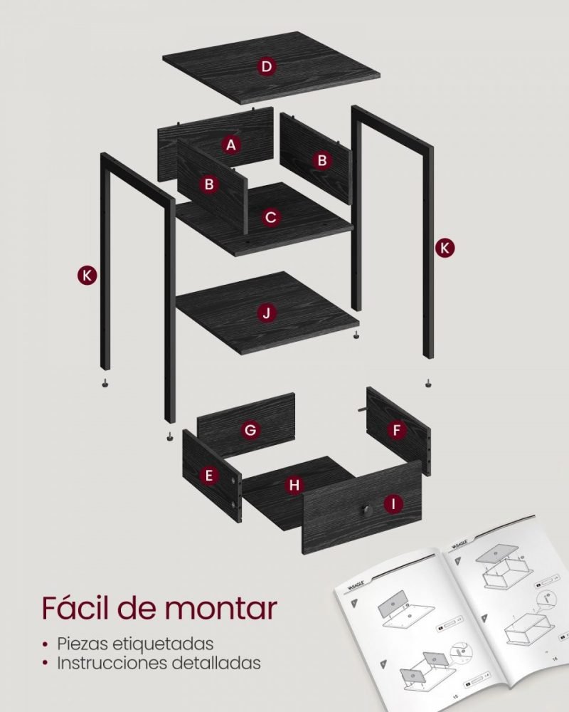 Mesita de noche con cajón y estante, acero, negro ébano - Imagen 6