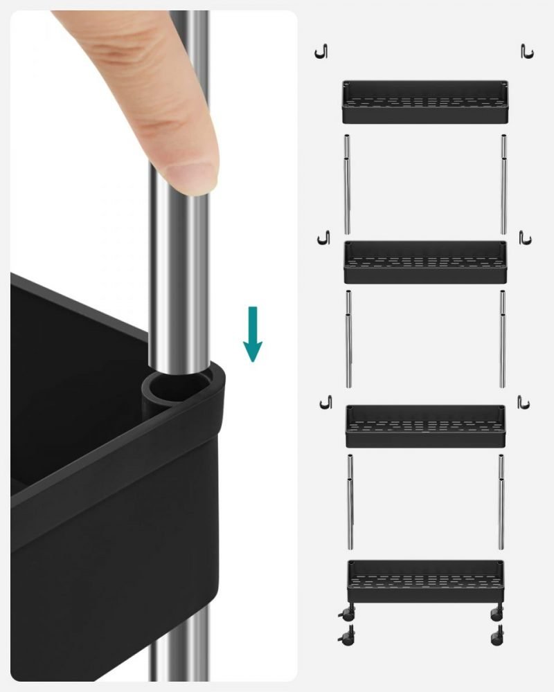 Carrito almacenamiento 4 niveles, cocina, baño, negro - Imagen 7