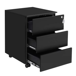 Archivador acero con ruedas y cierre, 3 cajones, negro