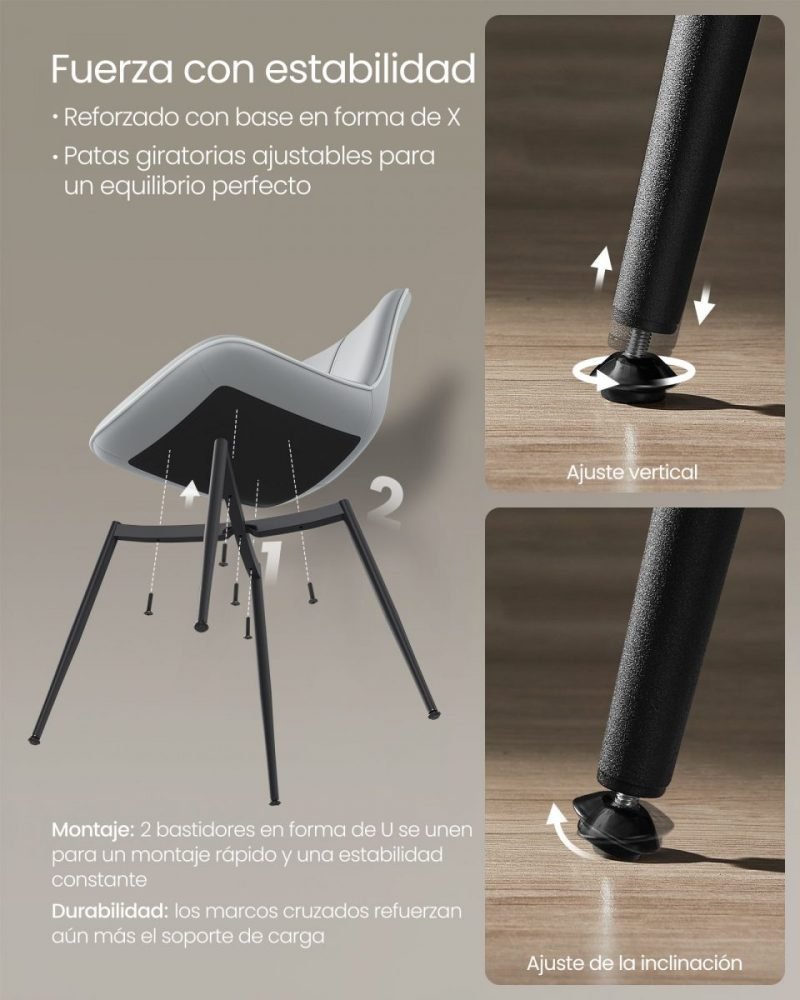 Juego 2 sillas comedor tapizado, respaldo curvo, patas acero, gris paloma - Imagen 8