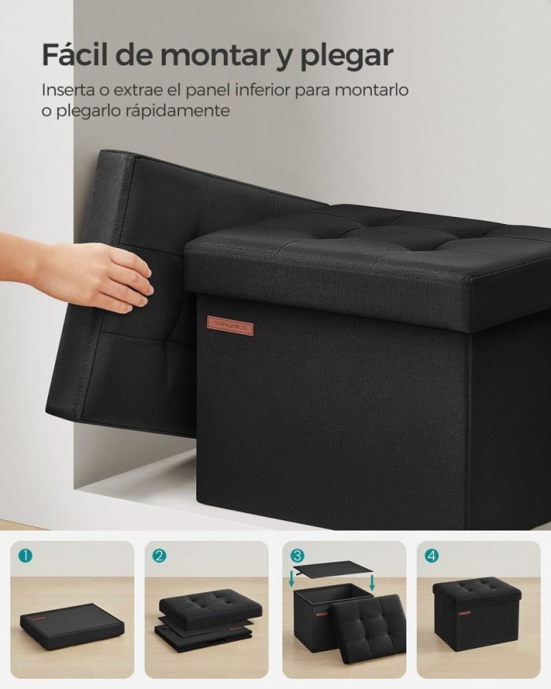 Taburete almacenaje con tapa, lino, negro - Imagen 3
