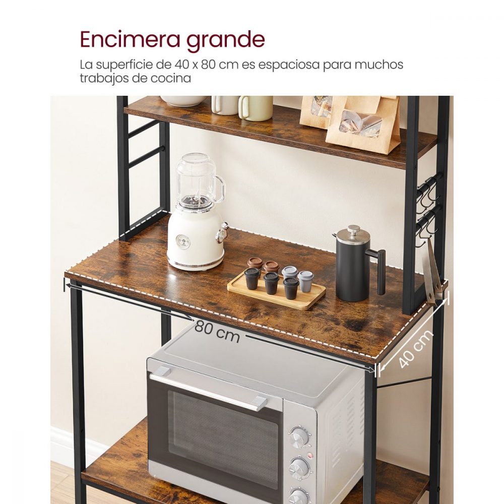 Estantería cocina industrial, estantes, 6 ganchos, marrón rústico y negro - Imagen 6