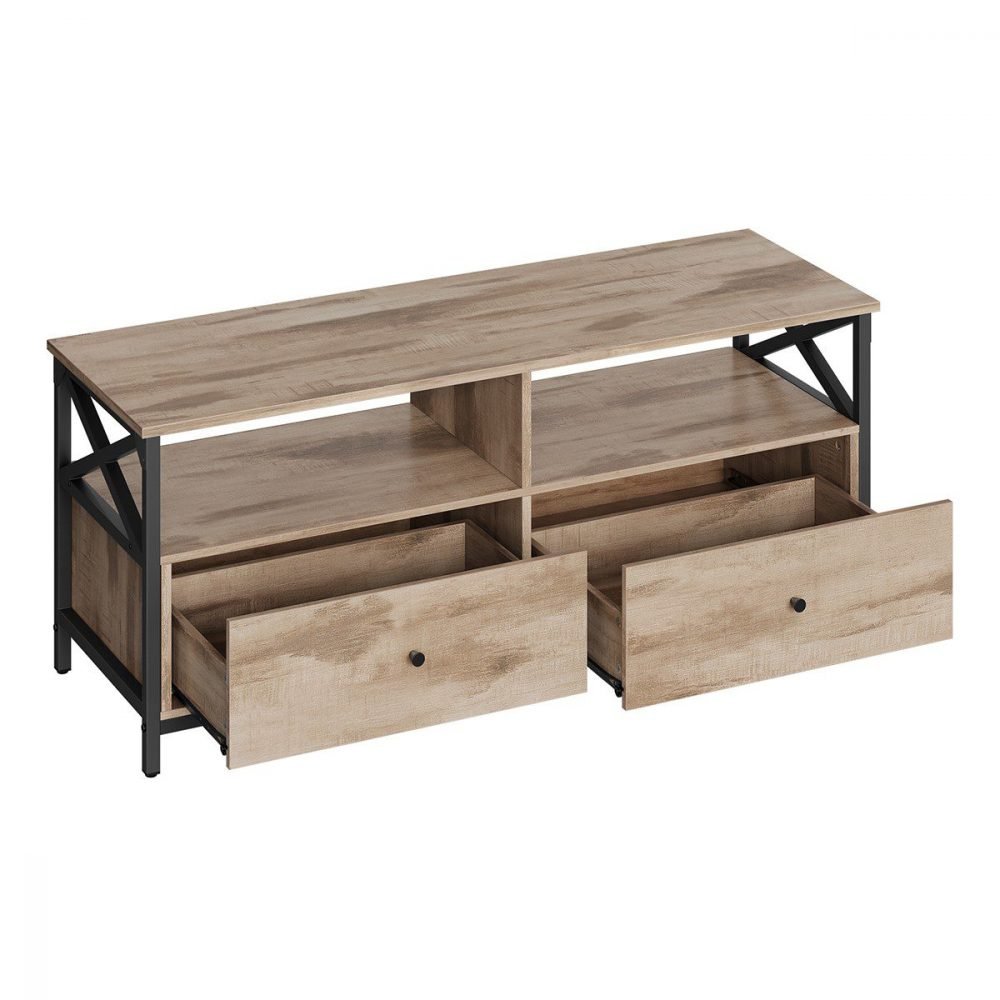 Mueble tv con 2 cajones, estantes abiertos, marrón roble