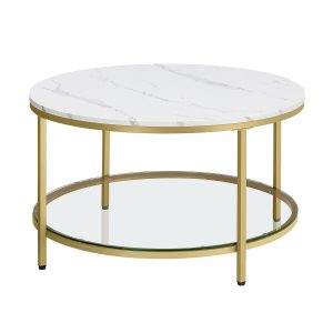 Mesa centro redonda moderna, mármol, estante vidrio, blanco