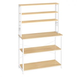 Estantería cocina industrial, 6 estantes, 6 ganchos, acero, roble y blanco