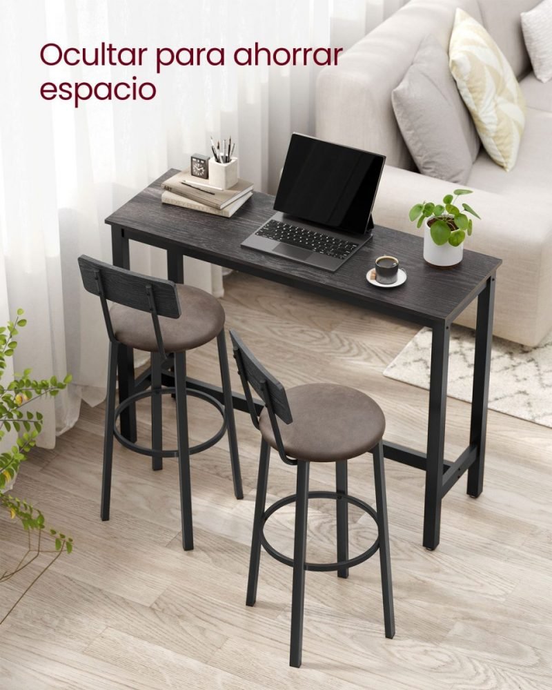 Set de 2 taburetes de bar industrial, tapizados, con reposapiés, marrón café - Imagen 3
