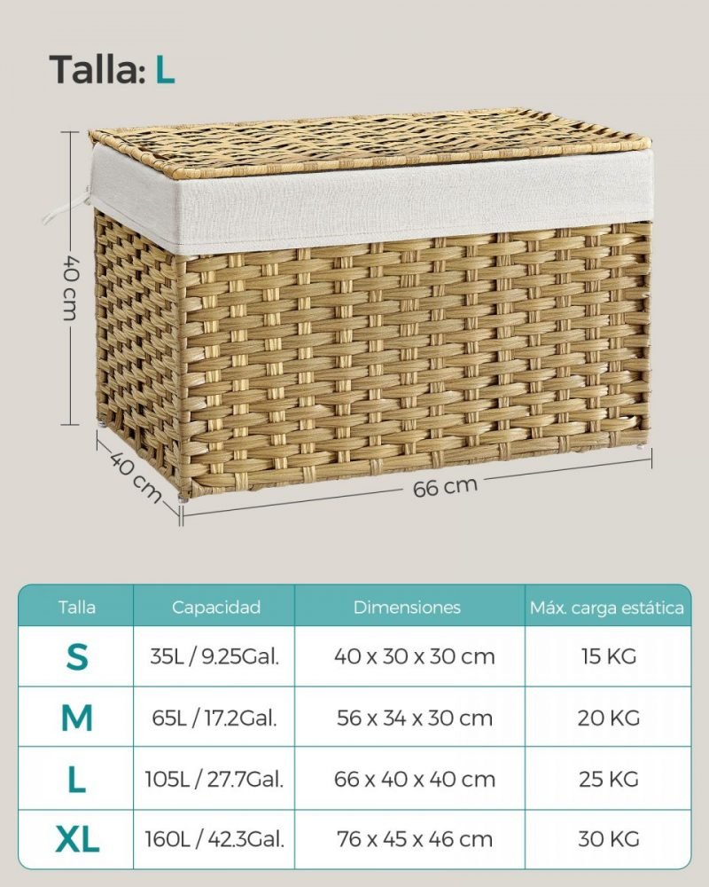 Baúl de almacenamiento de ratán 105 l, caja versátil, natural - Imagen 8