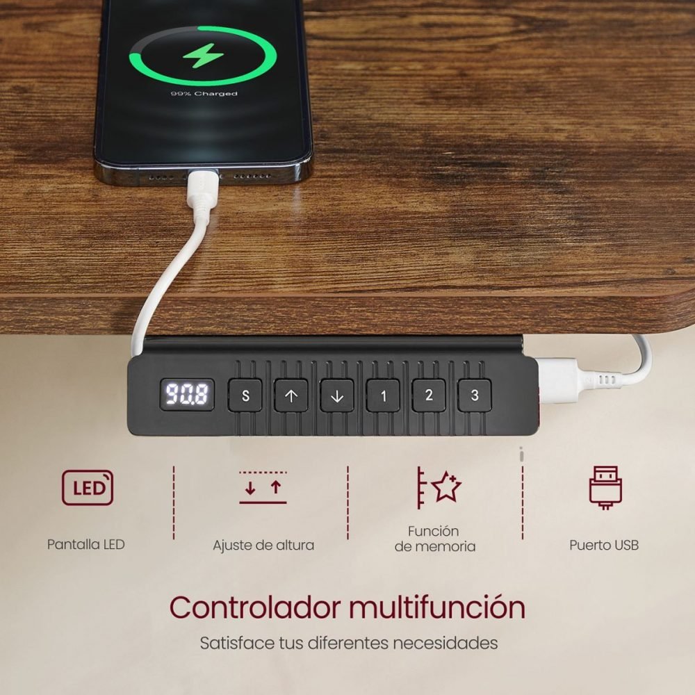 Escritorio eléctrico ajustable, memoria, bolsillo almacenamiento, marrón rústico y negro - Imagen 5