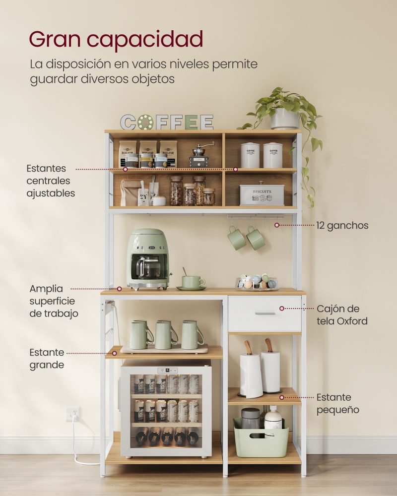 Aparador cocina con enchufes y estantes ajustables, roble y blanco - Imagen 3