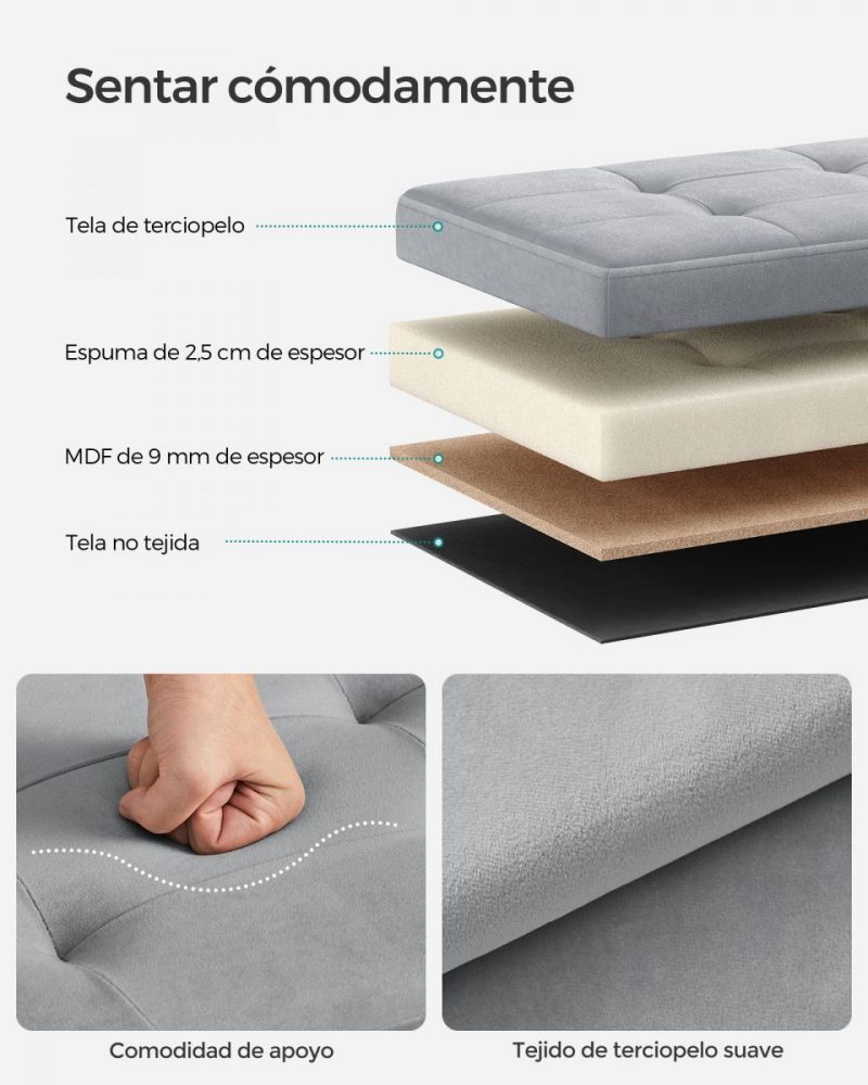 Banco almacenaje terciopelo, taburete reposapiés, gris paloma - Imagen 5