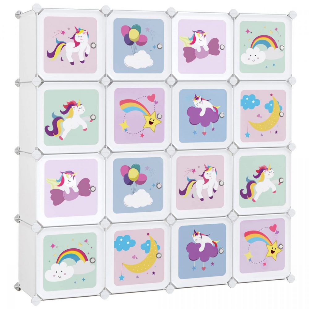 Armario modular infantil con 16 cubos y puertas, blanco
