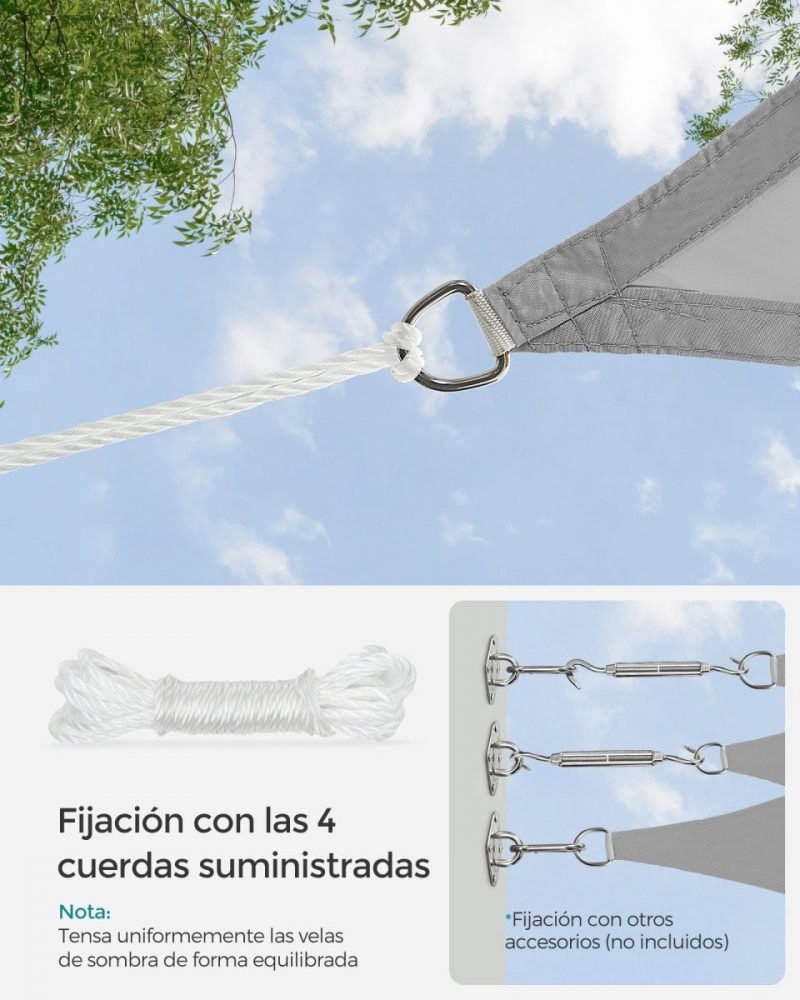 Vela sombra cuadrada 3x3m impermeable, terraza, jardín, gris claro - Imagen 5