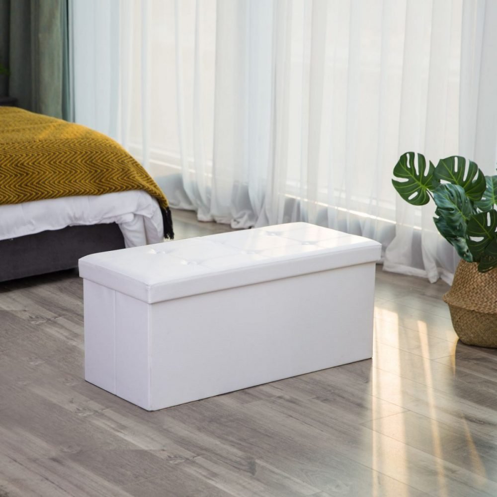 Taburete baúl plegable en blanco, puf de almacenaje, 76x38x38 cm - Imagen 4