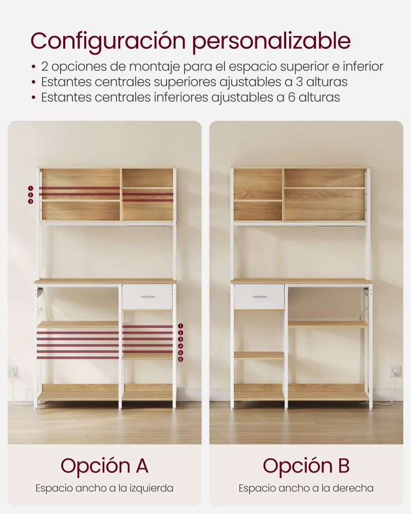 Aparador cocina con enchufes y estantes ajustables, roble y blanco - Imagen 4