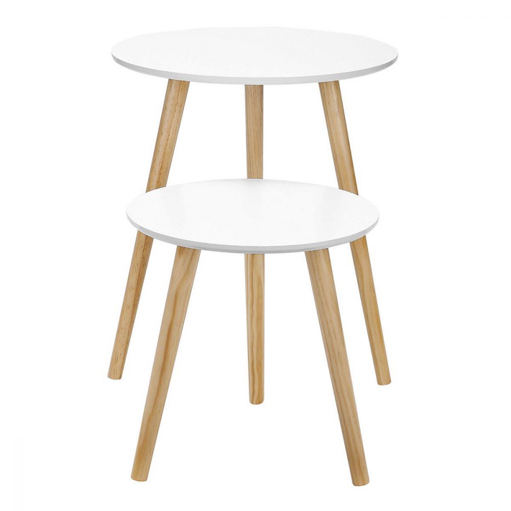 Juego de 2 mesas auxiliares nórdicas, redondas, blanco y natural - Imagen 3