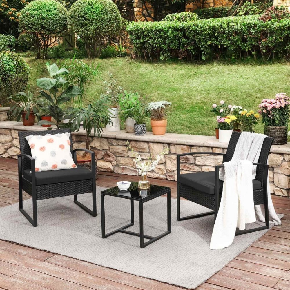 Conjunto muebles ratán jardín 3 piezas, sillas y mesa, negro y gris - Imagen 2
