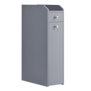 Armario de baño estrecho con portarrollos y cajones, gris